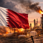 Qatar flag with gas facility background after diplomatic expulsion over energy attack
