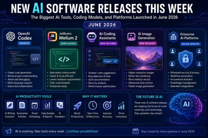 Illustration of the latest AI software releases in June 2026 featuring coding assistants, enterprise AI platforms, and creative AI tools.