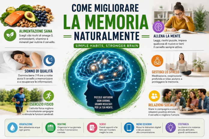 Healthy lifestyle habits including nutritious food, exercise, sleep, and brain training to improve memory naturally.